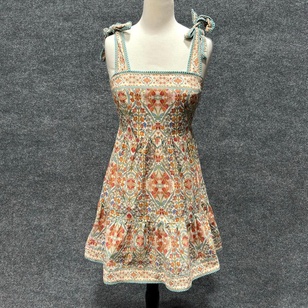 Shoshanna Dress Womens 4 Multicolor Floral Square Neck Tie Strap Ruffle Sundress